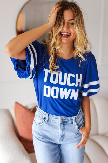 Stand Out Blue "TOUCHDOWN" Sequin Bubble Sleeve Game Day Top - Bitsy Gypsy Boutique