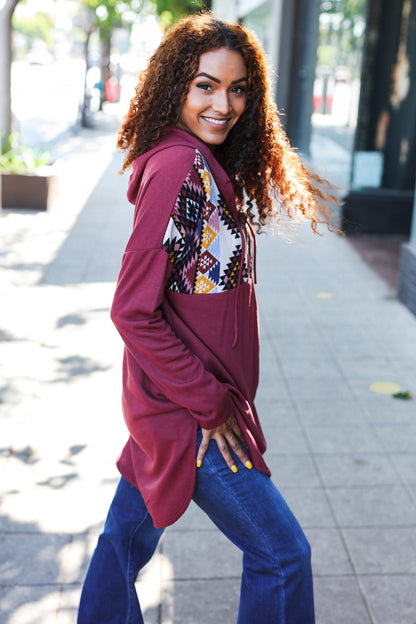 Stand Out Burgundy Tribal Print Half Zip Longline Hoodie - Bitsy Gypsy Boutique