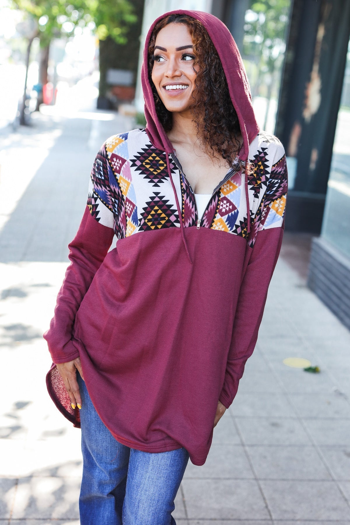 Stand Out Burgundy Tribal Print Half Zip Longline Hoodie - Bitsy Gypsy Boutique