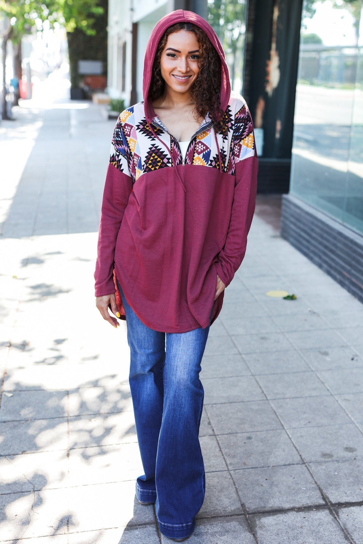 Stand Out Burgundy Tribal Print Half Zip Longline Hoodie - Bitsy Gypsy Boutique