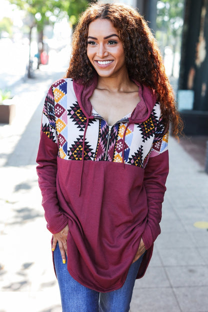 Stand Out Burgundy Tribal Print Half Zip Longline Hoodie - Bitsy Gypsy Boutique