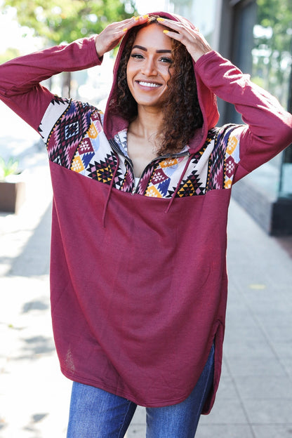 Stand Out Burgundy Tribal Print Half Zip Longline Hoodie - Bitsy Gypsy Boutique