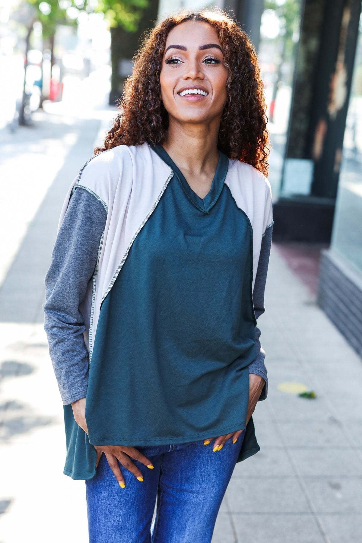 Stand Out Hunter Green V Neck Raglan Color Block Outseam Top - Bitsy Gypsy Boutique