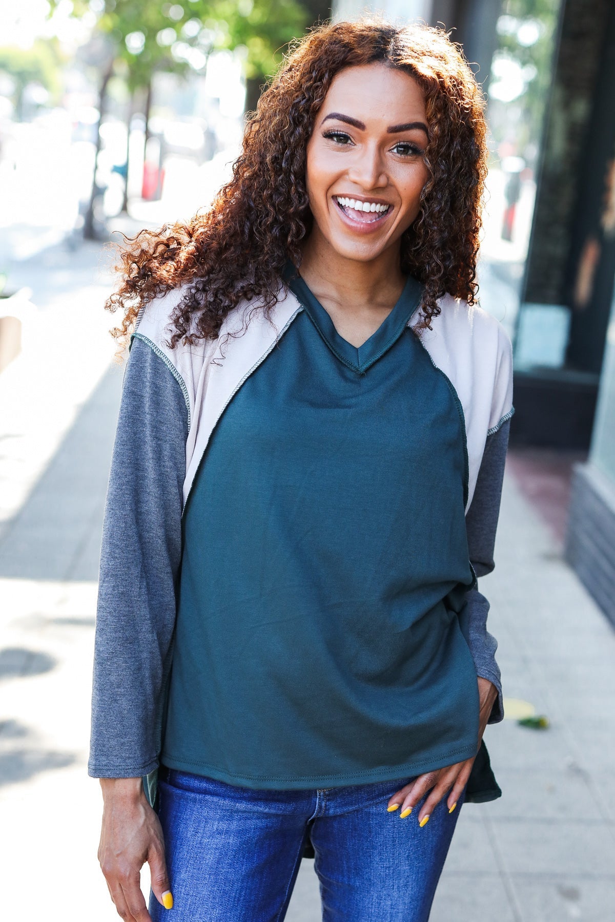 Stand Out Hunter Green V Neck Raglan Color Block Outseam Top - Bitsy Gypsy Boutique