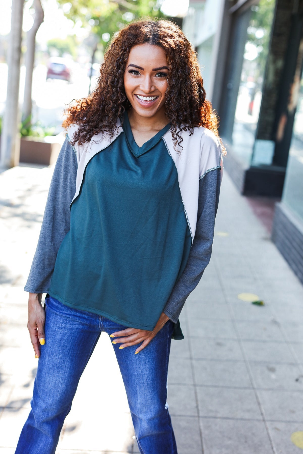 Stand Out Hunter Green V Neck Raglan Color Block Outseam Top - Bitsy Gypsy Boutique