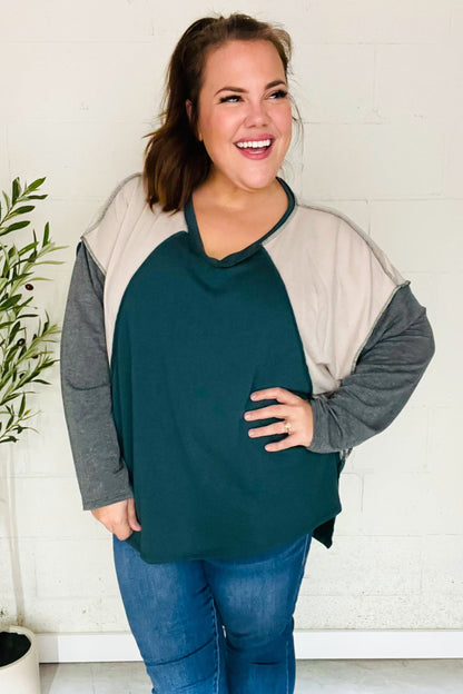Stand Out Hunter Green V Neck Raglan Color Block Outseam Top - Bitsy Gypsy Boutique