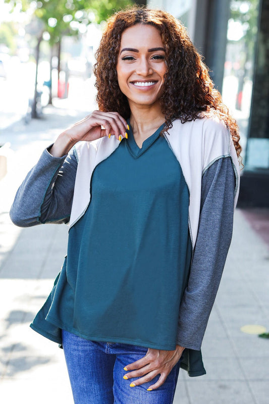 Stand Out Hunter Green V Neck Raglan Color Block Outseam Top - Bitsy Gypsy Boutique