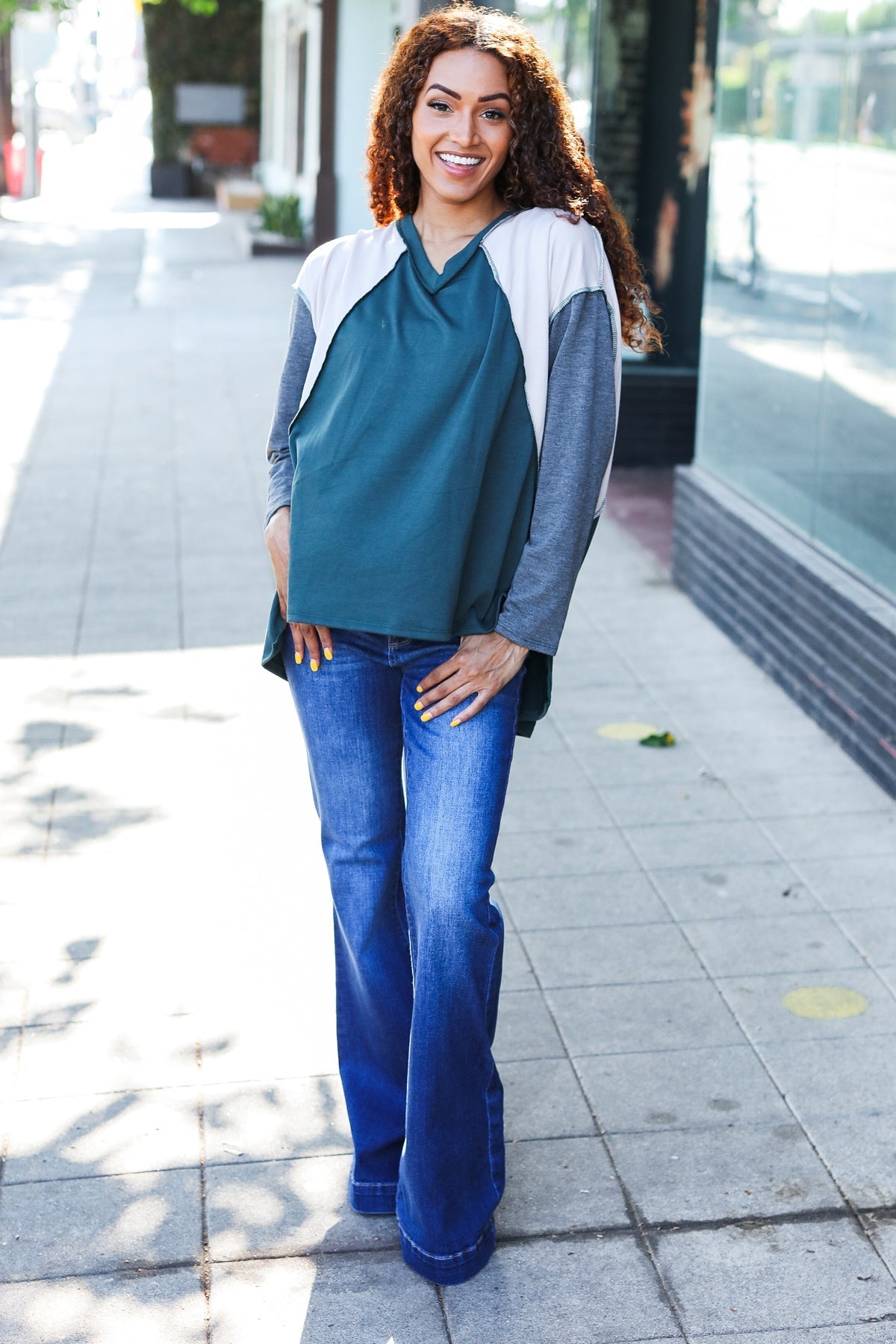 Stand Out Hunter Green V Neck Raglan Color Block Outseam Top - Bitsy Gypsy Boutique