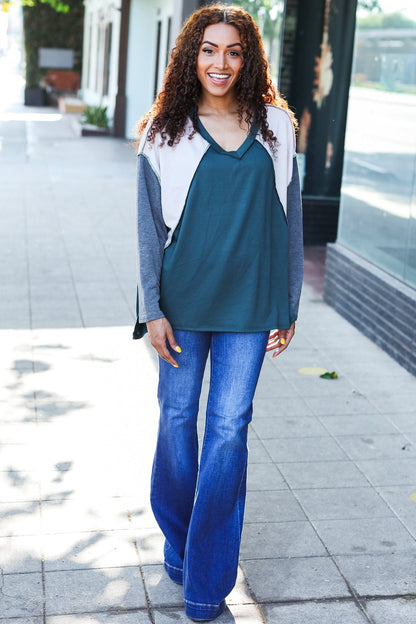 Stand Out Hunter Green V Neck Raglan Color Block Outseam Top - Bitsy Gypsy Boutique