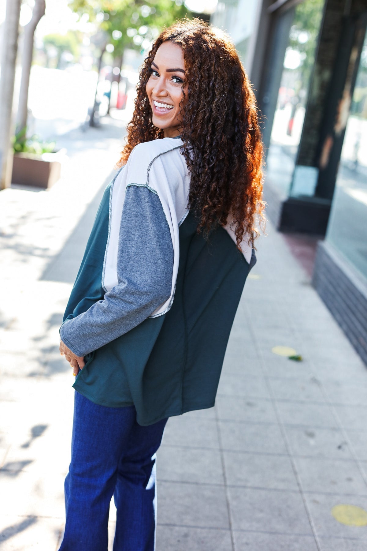 Stand Out Hunter Green V Neck Raglan Color Block Outseam Top - Bitsy Gypsy Boutique