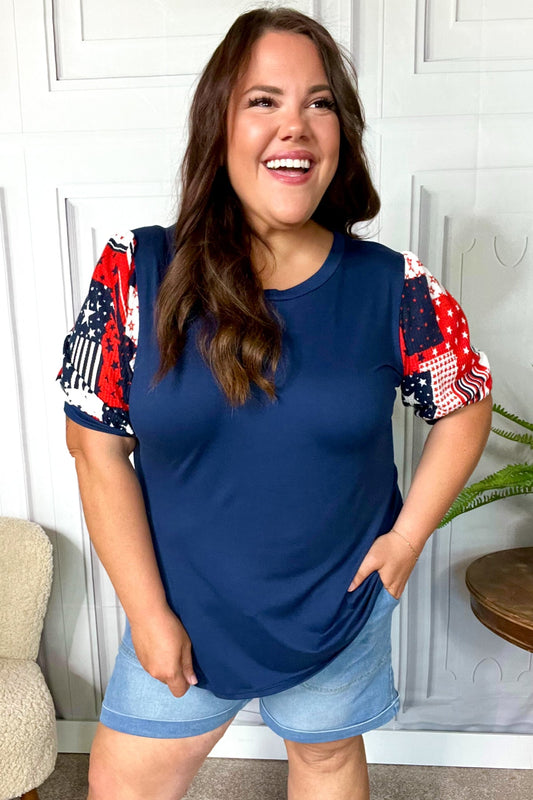 Stand-Out Navy Patriotic Patchwork Puff Sleeve Top - Bitsy Gypsy Boutique
