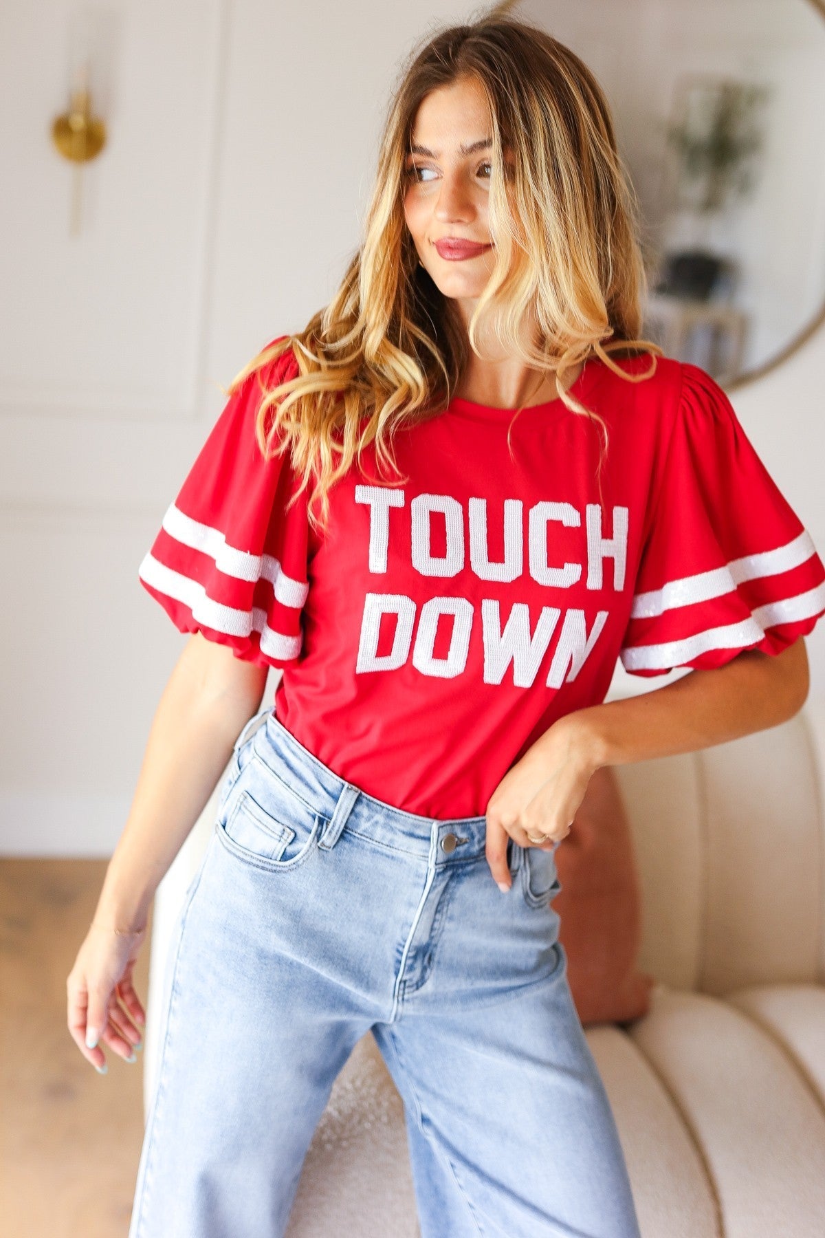 Stand Out Red "TOUCHDOWN" Sequin Bubble Sleeve Game Day Top - Bitsy Gypsy Boutique