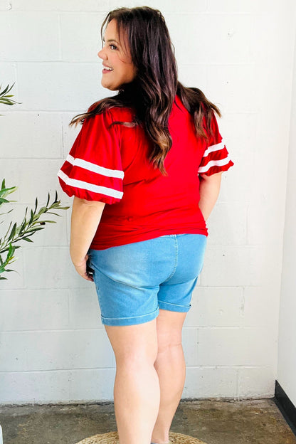 Stand Out Red "TOUCHDOWN" Sequin Bubble Sleeve Game Day Top - Bitsy Gypsy Boutique