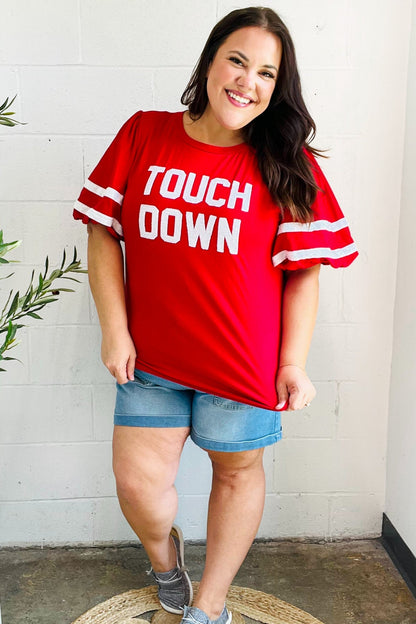 Stand Out Red "TOUCHDOWN" Sequin Bubble Sleeve Game Day Top - Bitsy Gypsy Boutique