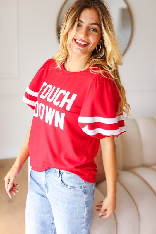 Stand Out Red "TOUCHDOWN" Sequin Bubble Sleeve Game Day Top - Bitsy Gypsy Boutique