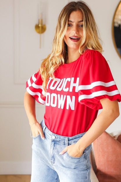 Stand Out Red "TOUCHDOWN" Sequin Bubble Sleeve Game Day Top - Bitsy Gypsy Boutique