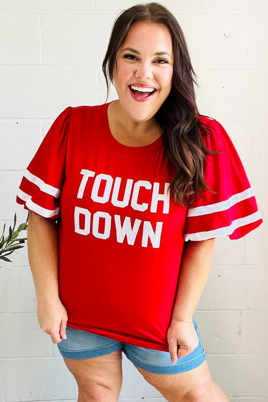 Stand Out Red "TOUCHDOWN" Sequin Bubble Sleeve Game Day Top - Bitsy Gypsy Boutique