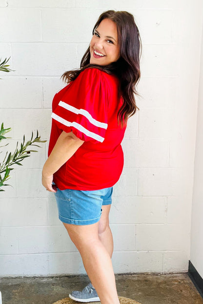 Stand Out Red "TOUCHDOWN" Sequin Bubble Sleeve Game Day Top - Bitsy Gypsy Boutique