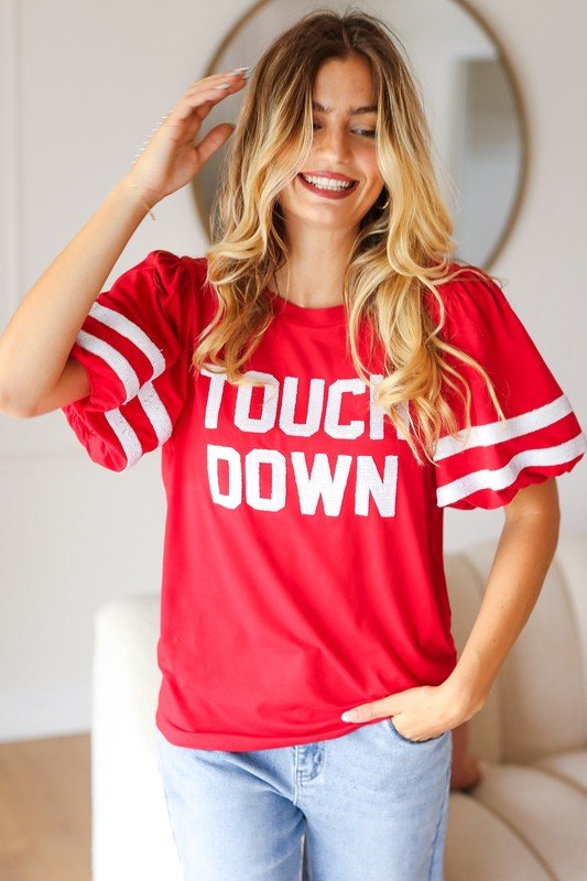Stand Out Red "TOUCHDOWN" Sequin Bubble Sleeve Game Day Top - Bitsy Gypsy Boutique