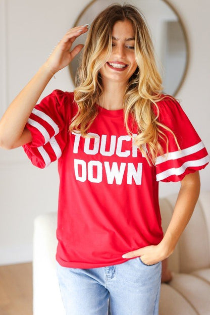 Stand Out Red "TOUCHDOWN" Sequin Bubble Sleeve Game Day Top - Bitsy Gypsy Boutique