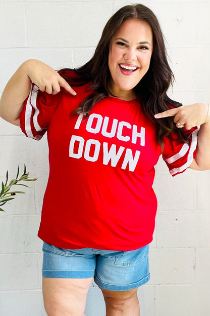 Stand Out Red "TOUCHDOWN" Sequin Bubble Sleeve Game Day Top - Bitsy Gypsy Boutique