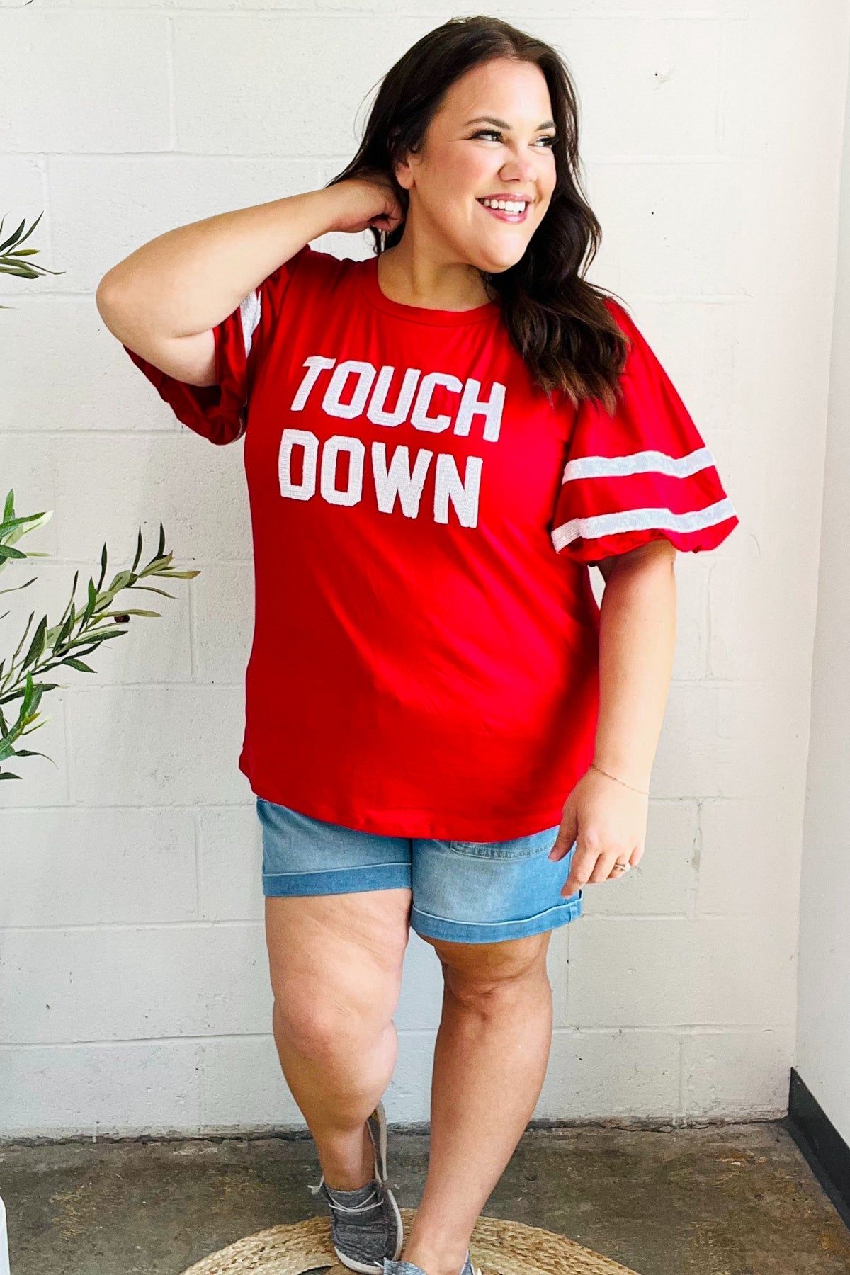 Stand Out Red "TOUCHDOWN" Sequin Bubble Sleeve Game Day Top - Bitsy Gypsy Boutique