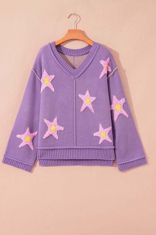 Star Graphic V - Neck Oversized Sweater - Bitsy Gypsy Boutique