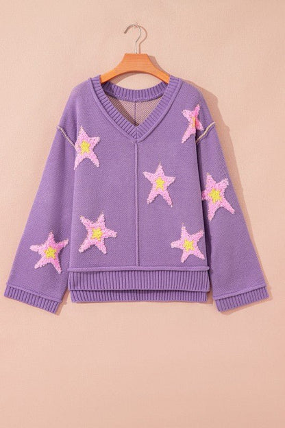 Star Graphic V - Neck Oversized Sweater - Bitsy Gypsy Boutique