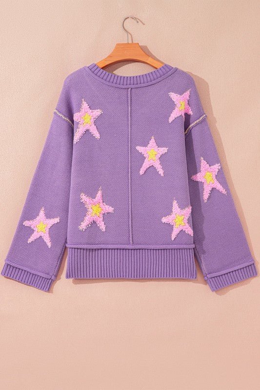 Star Graphic V - Neck Oversized Sweater - Bitsy Gypsy Boutique