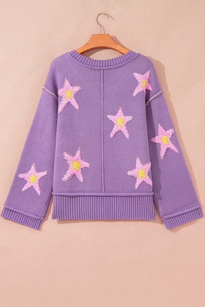 Star Graphic V - Neck Oversized Sweater - Bitsy Gypsy Boutique