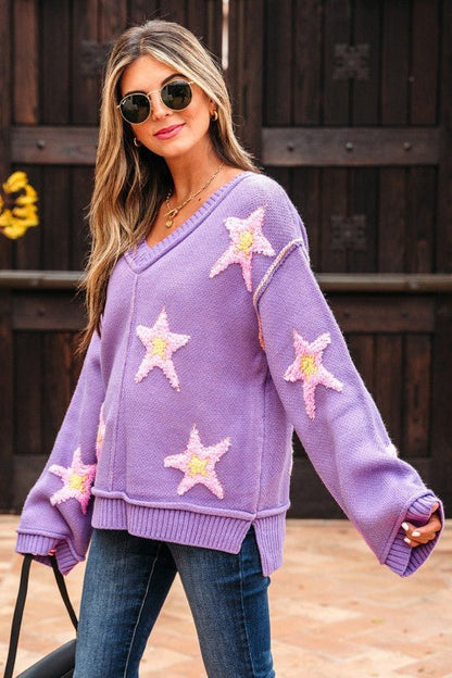 Star Graphic V - Neck Oversized Sweater - Bitsy Gypsy Boutique