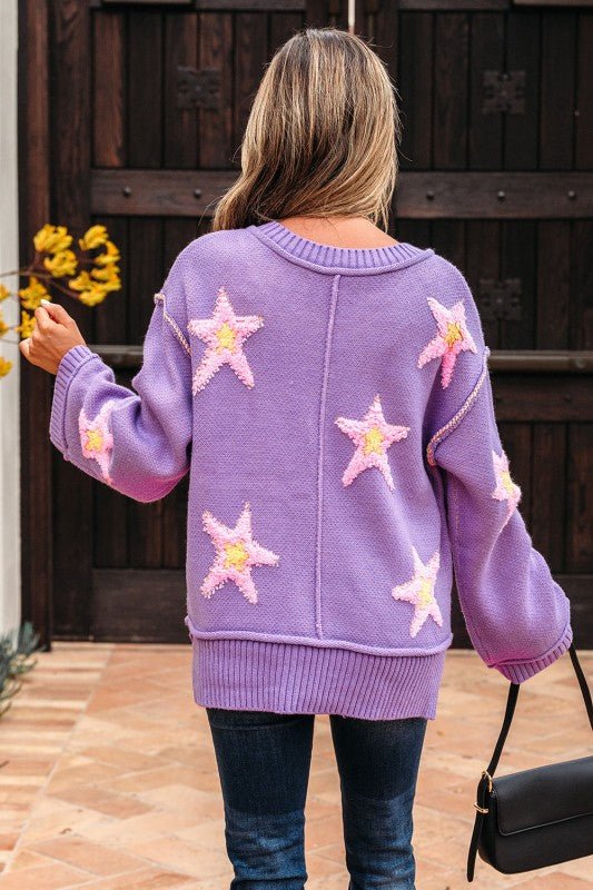 Star Graphic V - Neck Oversized Sweater - Bitsy Gypsy Boutique