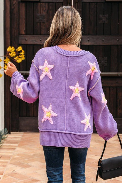 Star Graphic V - Neck Oversized Sweater - Bitsy Gypsy Boutique