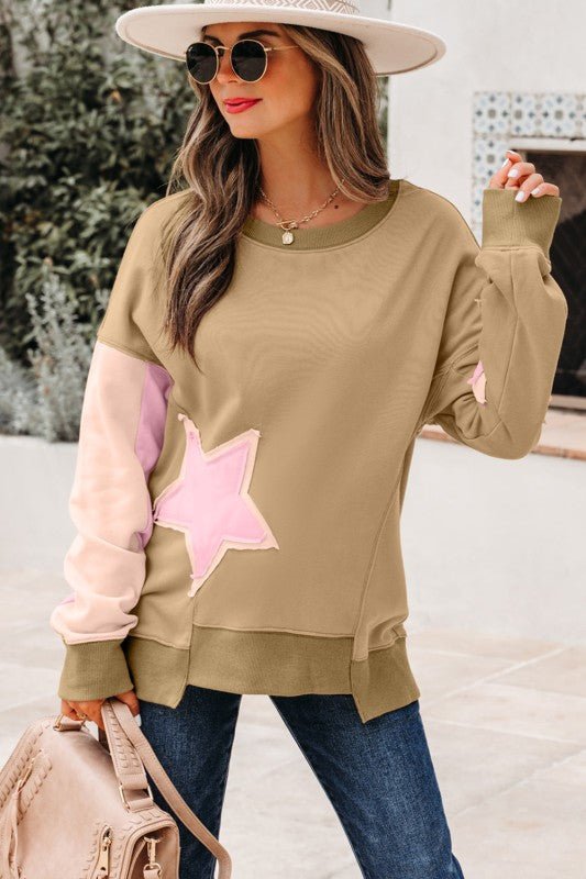 Star Patchwork Reverse Seam Drop Shoulder Sweatshi - Bitsy Gypsy Boutique