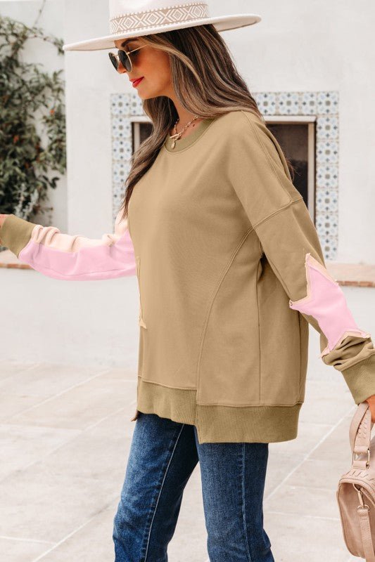 Star Patchwork Reverse Seam Drop Shoulder Sweatshi - Bitsy Gypsy Boutique