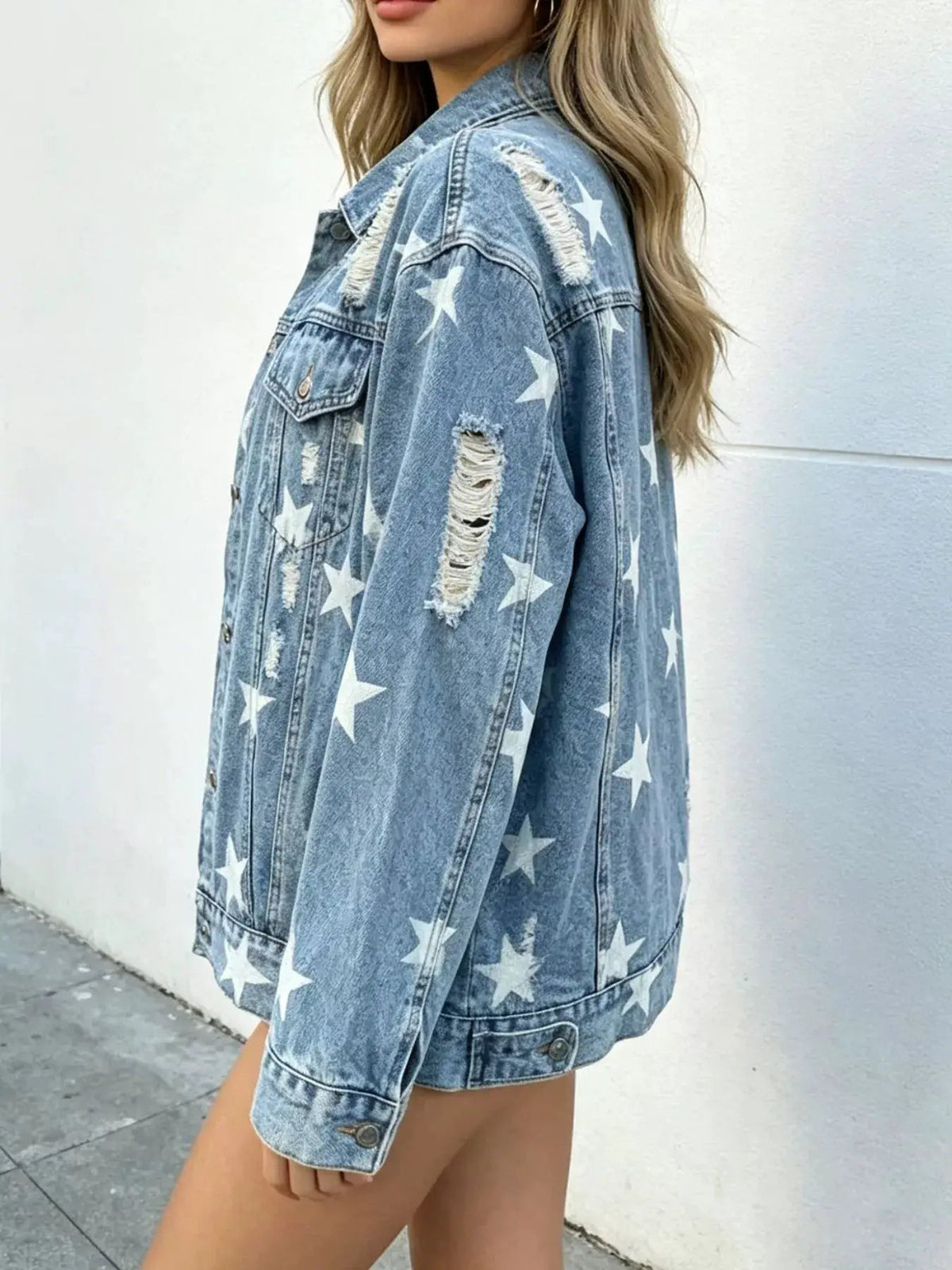 Star Print Distressed Oversized Denim Jacket - Bitsy Gypsy Boutique