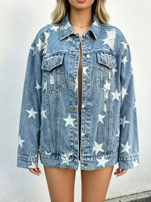 Star Print Distressed Oversized Denim Jacket - Bitsy Gypsy Boutique