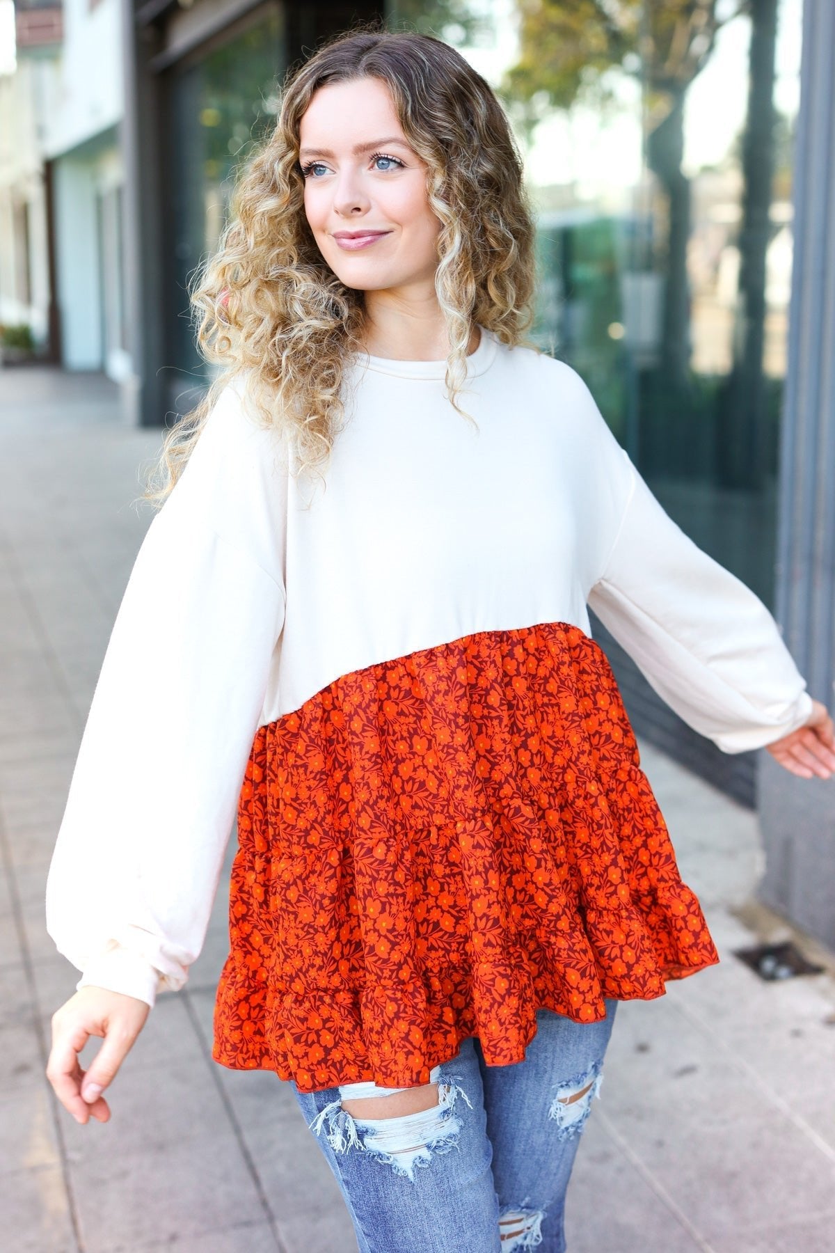Star Struck Vintage Floral Oatmeal Tiered Babydoll Twofer Top - Bitsy Gypsy Boutique