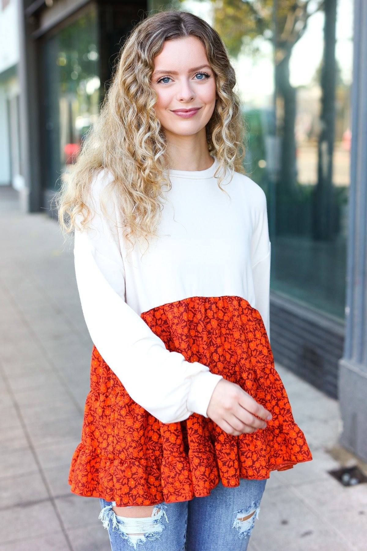 Star Struck Vintage Floral Oatmeal Tiered Babydoll Twofer Top - Bitsy Gypsy Boutique