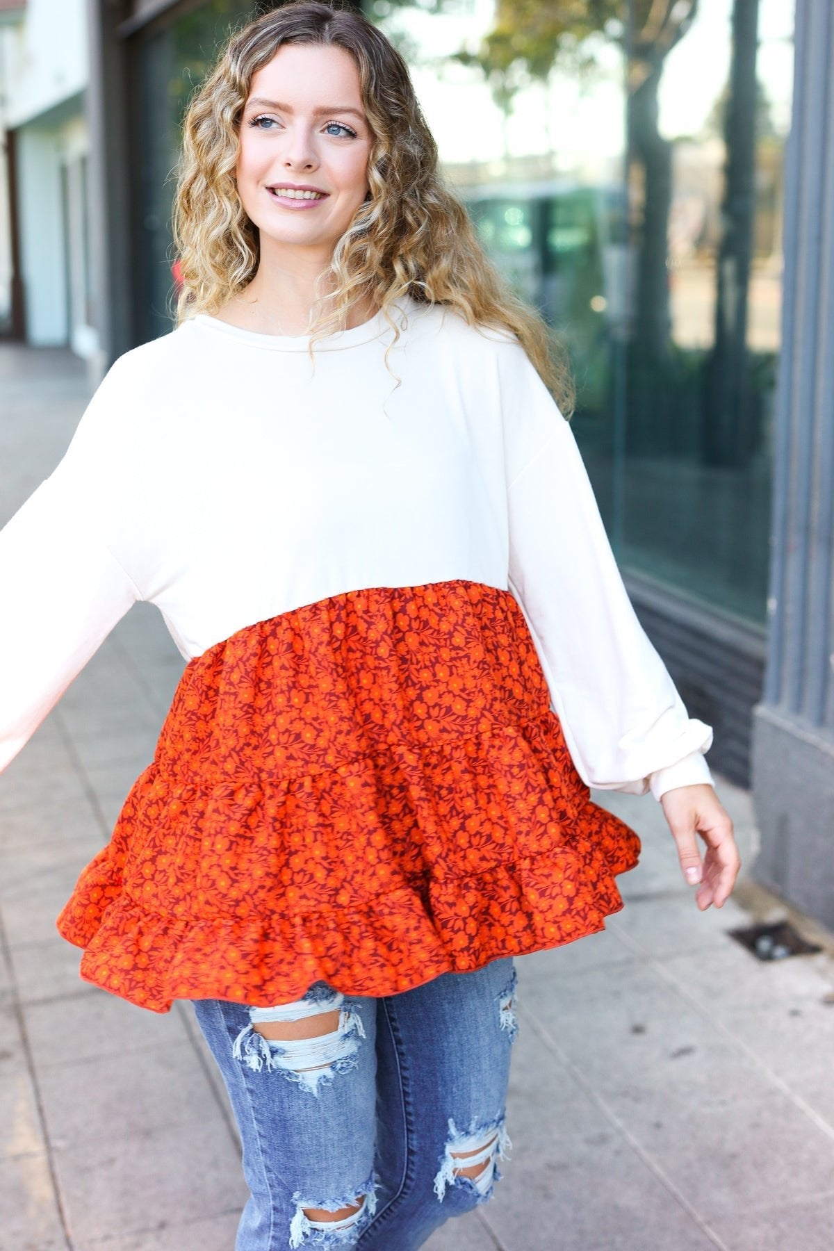 Star Struck Vintage Floral Oatmeal Tiered Babydoll Twofer Top - Bitsy Gypsy Boutique