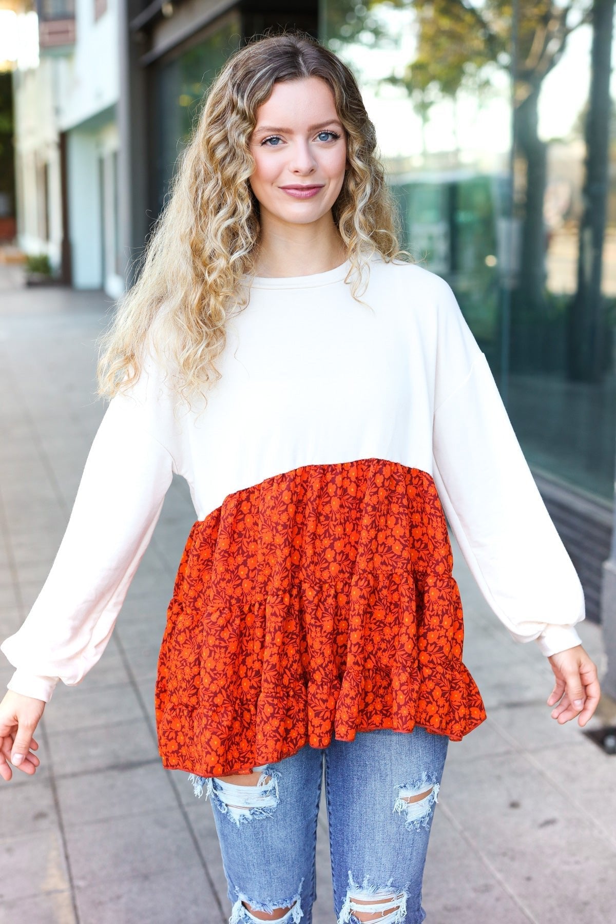 Star Struck Vintage Floral Oatmeal Tiered Babydoll Twofer Top - Bitsy Gypsy Boutique