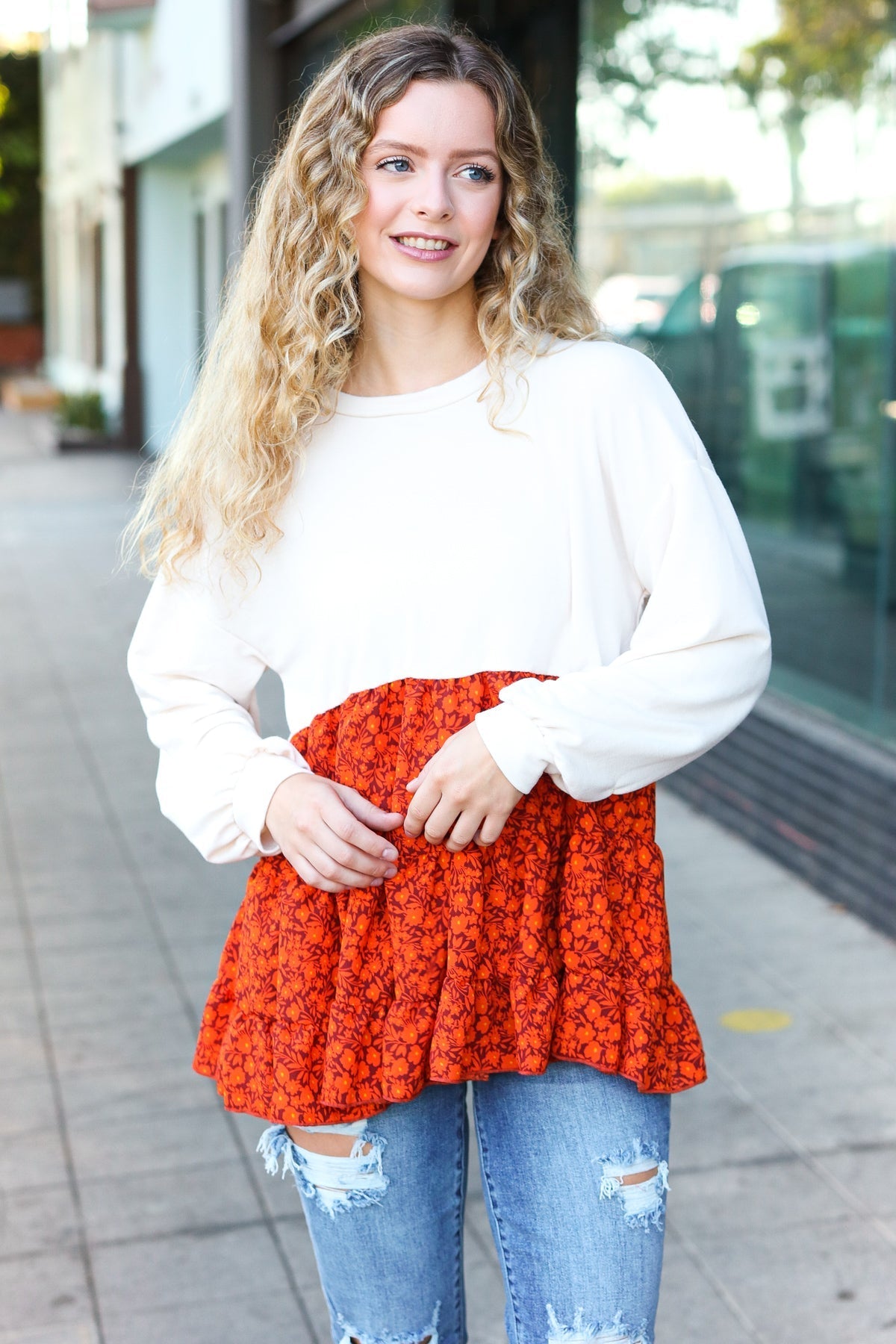 Star Struck Vintage Floral Oatmeal Tiered Babydoll Twofer Top - Bitsy Gypsy Boutique