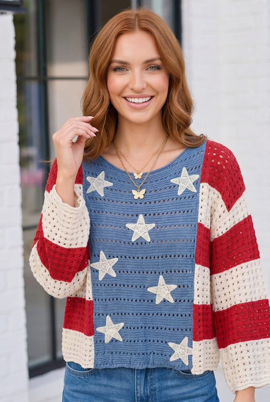 Stars and Stripes Crochet Sweater - Bitsy Gypsy Boutique