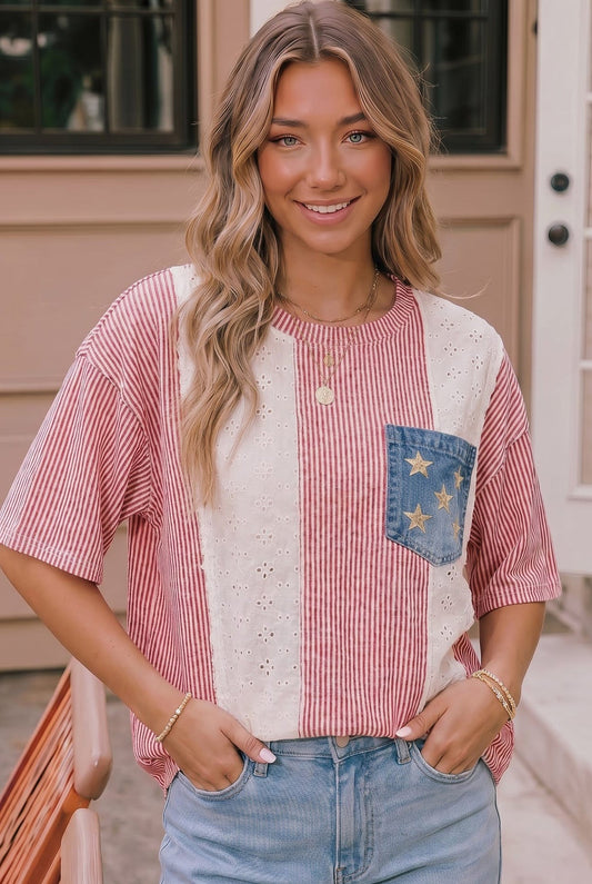 Stars and Stripes Eyelet Pocket Top - Bitsy Gypsy Boutique