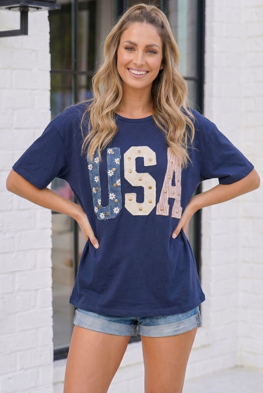 Stars Stripes and Daisy Vibes USA Graphic Tee - Bitsy Gypsy Boutique