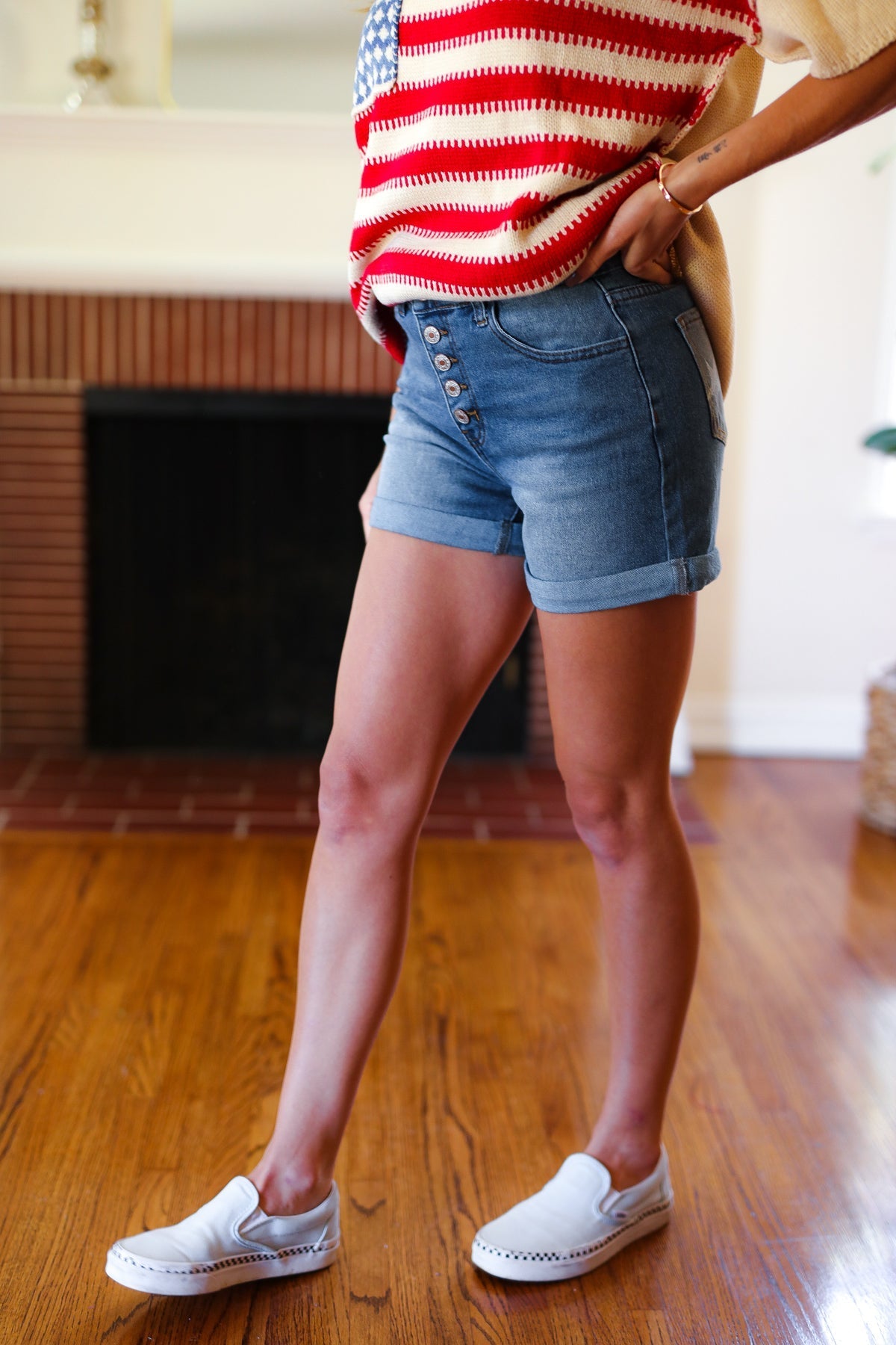 Stars & Stripes Pocket Button Down Cuffed Hem Shorts - Bitsy Gypsy Boutique