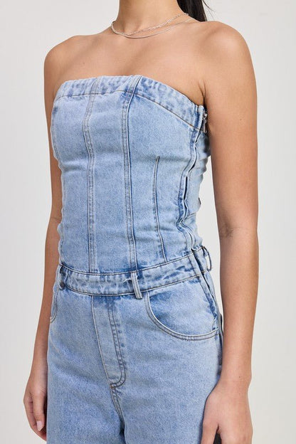 STRAPLESS DENIM JUMPSUIT - Bitsy Gypsy Boutique