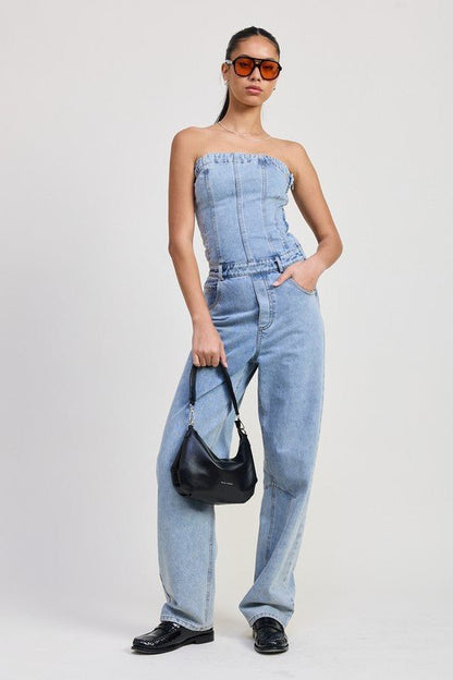 STRAPLESS DENIM JUMPSUIT - Bitsy Gypsy Boutique