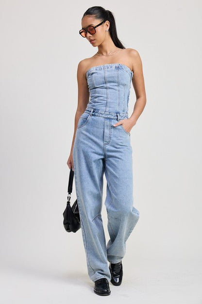STRAPLESS DENIM JUMPSUIT - Bitsy Gypsy Boutique