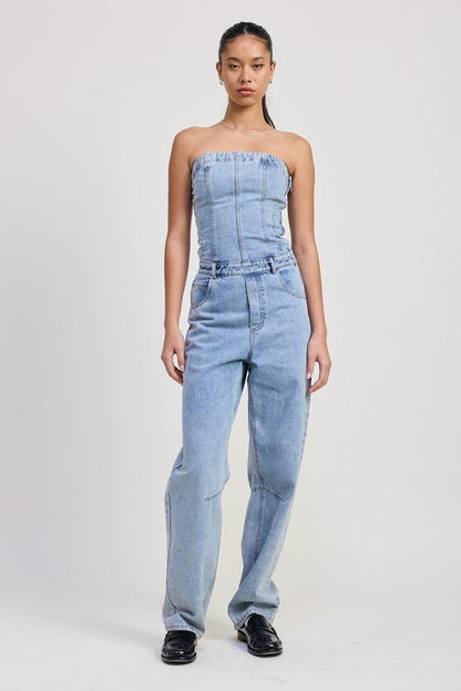 STRAPLESS DENIM JUMPSUIT - Bitsy Gypsy Boutique